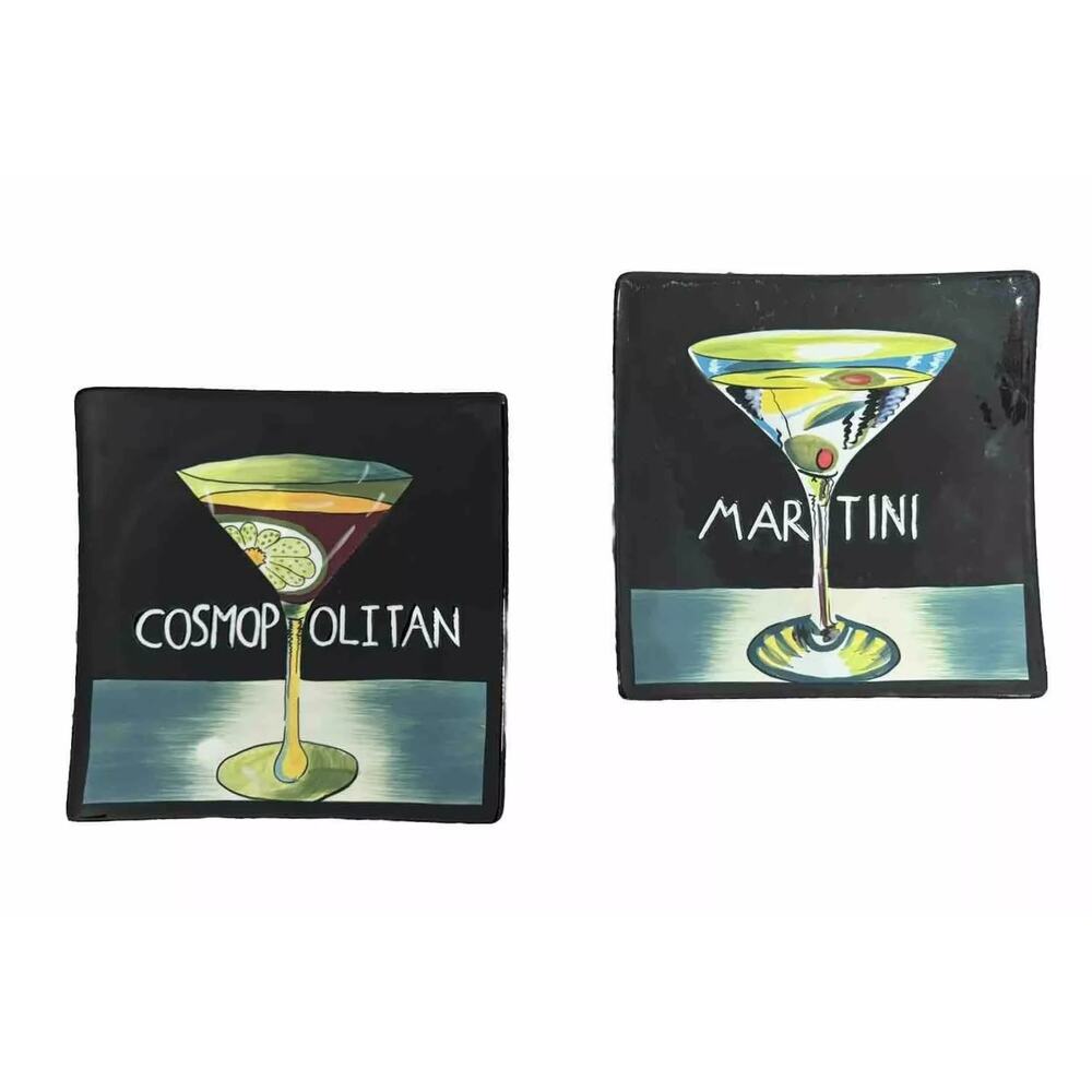 Mary Naylor Martini & Cosmopolitan Hand Painted Square Plate Set